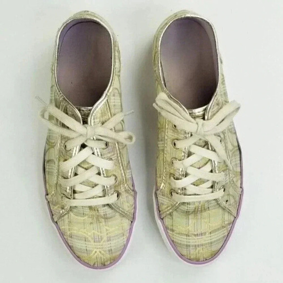 Coach 9B "Dee" Tan Plaid Lace Up "C" Logo & Heel Logo Women's Fashion Sneakers - Picture 2 of 12